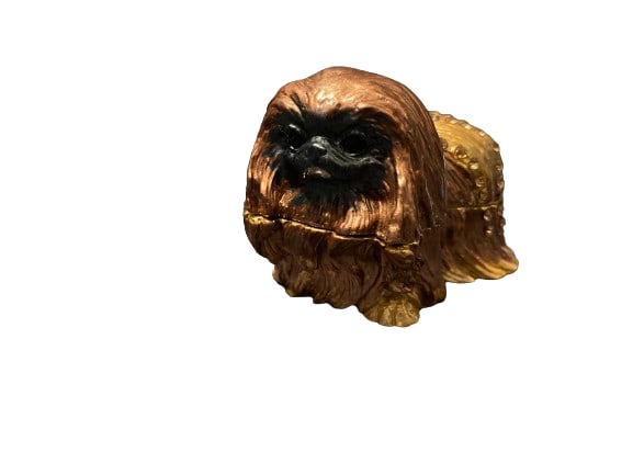 Rhinestone Studded Pekingese Trinket Box: One of a kind trinket box in the shape of a pekingese dog, studded with rhinestones and quite heavy. Hinges work as they should.