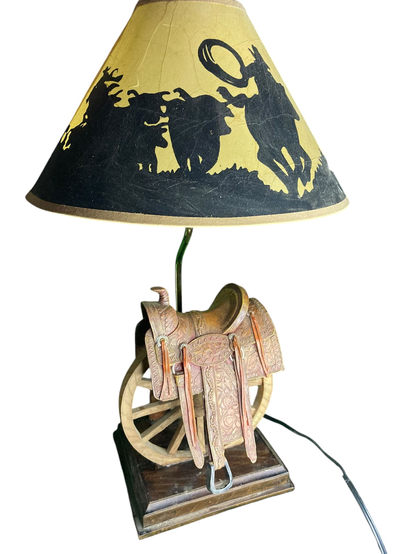 Western Saddle with Wagon Wheel Table Lamp and Silhouette Shade (1 of 3)