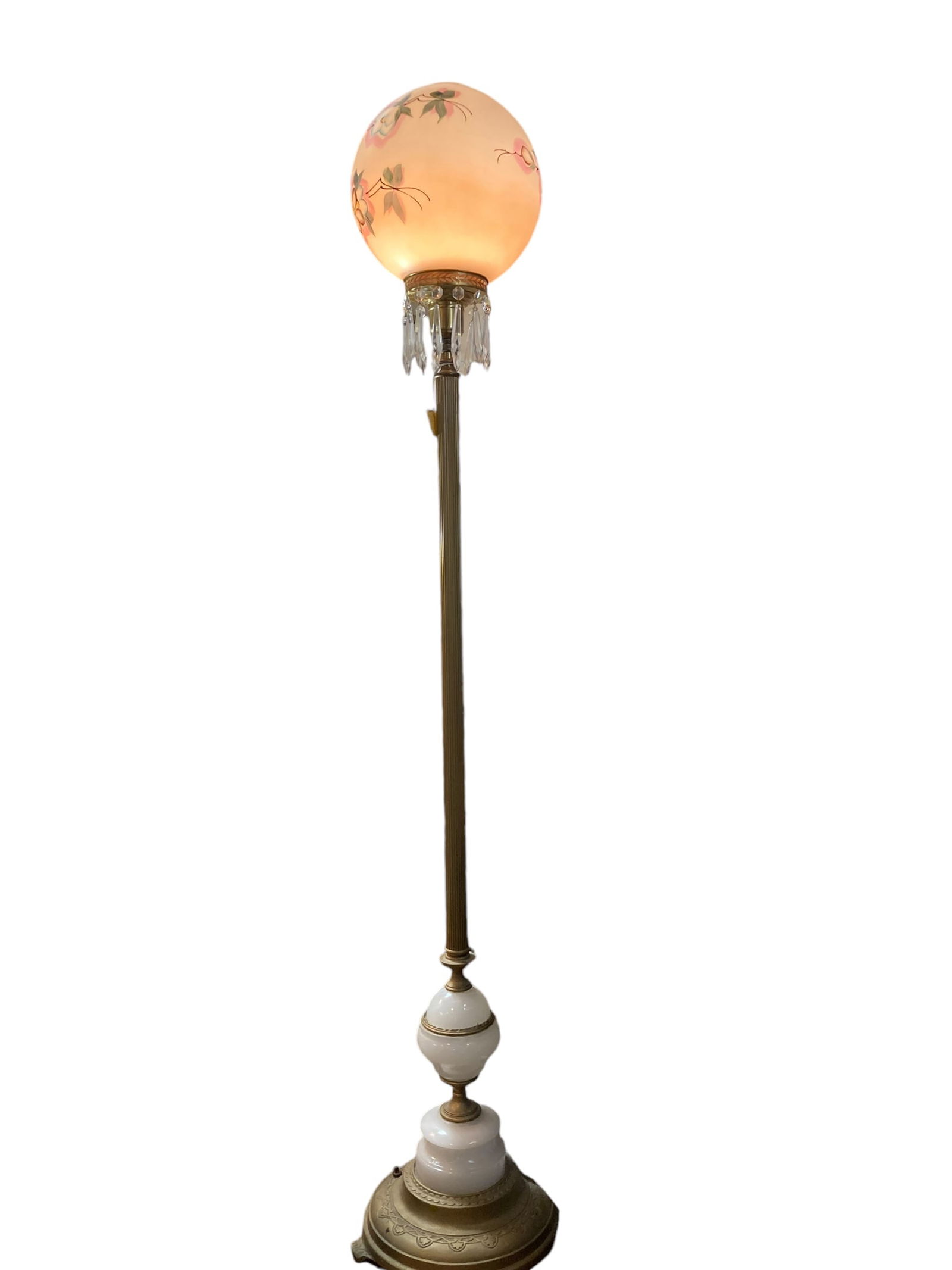 ANTIQUE One of a Kind Brass Victorian Piano/Organ Floor Lamp: Antique brass floor piano/organ lamp. Beautiful floral motif on globe lampshade with hanging crystals. Works on electricity. One of a kind piece in excellent condition. Please note that this item is s