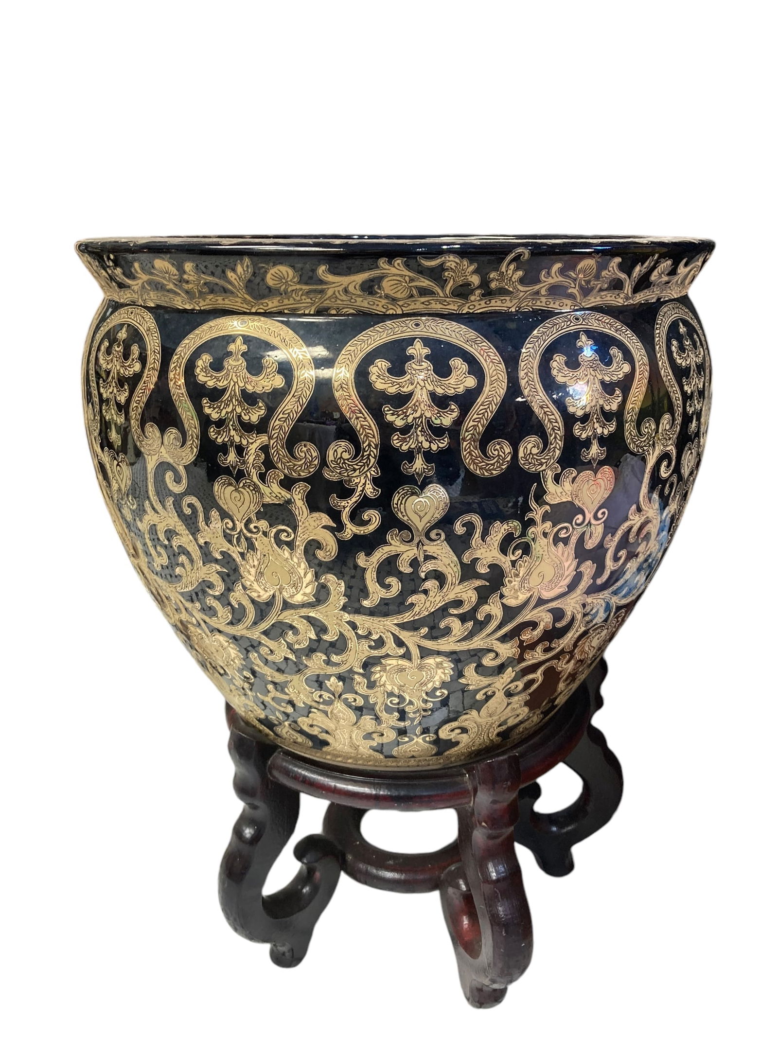 Vintage Porcelain Oriental Oversized Fish Bowl Planter on Wooden Stand (1 of 3)