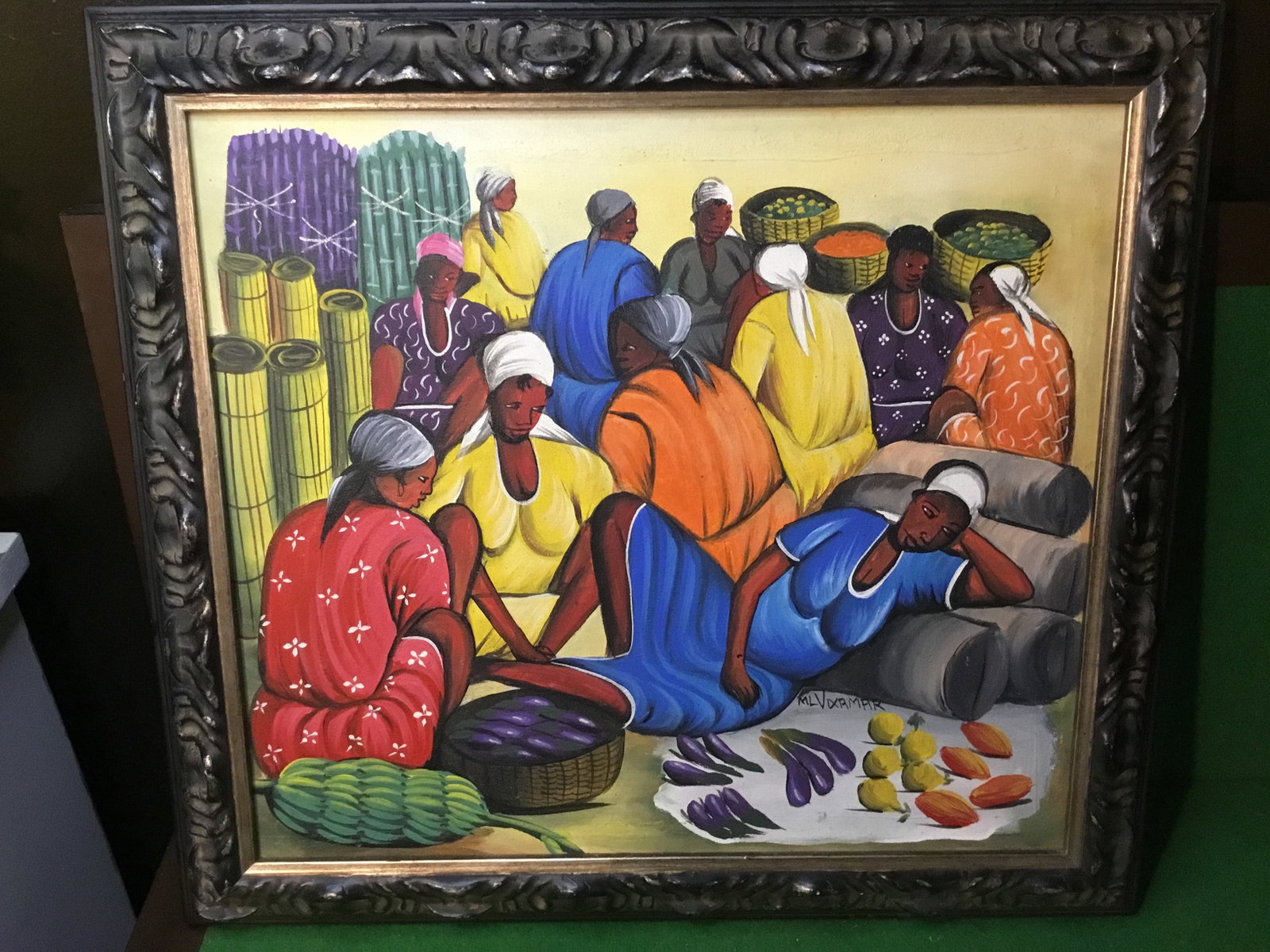 M.L Vixamar Haitian Market Place Framed Acrylic Painting: Haitian Market Place framed acrylic painting by M.L Vixamar. Comes in a wood frame. In excellent condition.