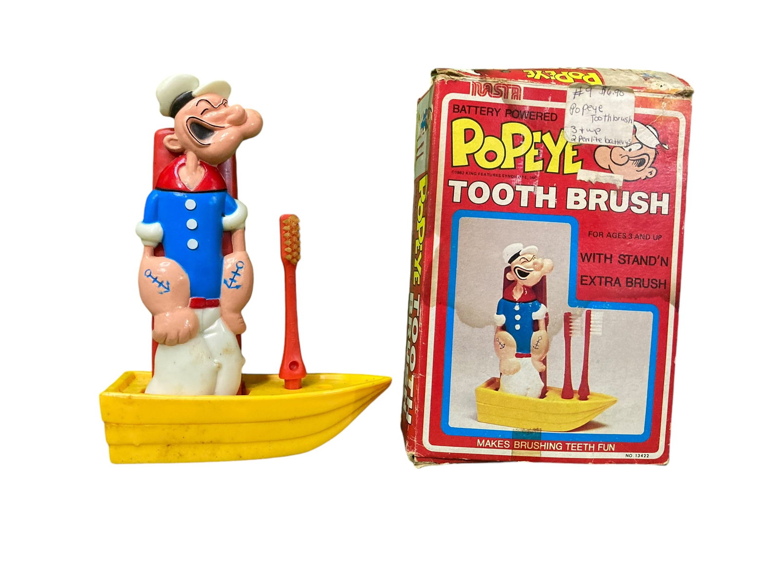 Vintage Nasta Popeye Toothbrush in ORIGINAL BOX, UNTESTED: Popeye toothbrush from the brand Nasta. In great condition with some yellowing of the plastic due to age. Comes untested in its original box. Please note that this item is sold as is.