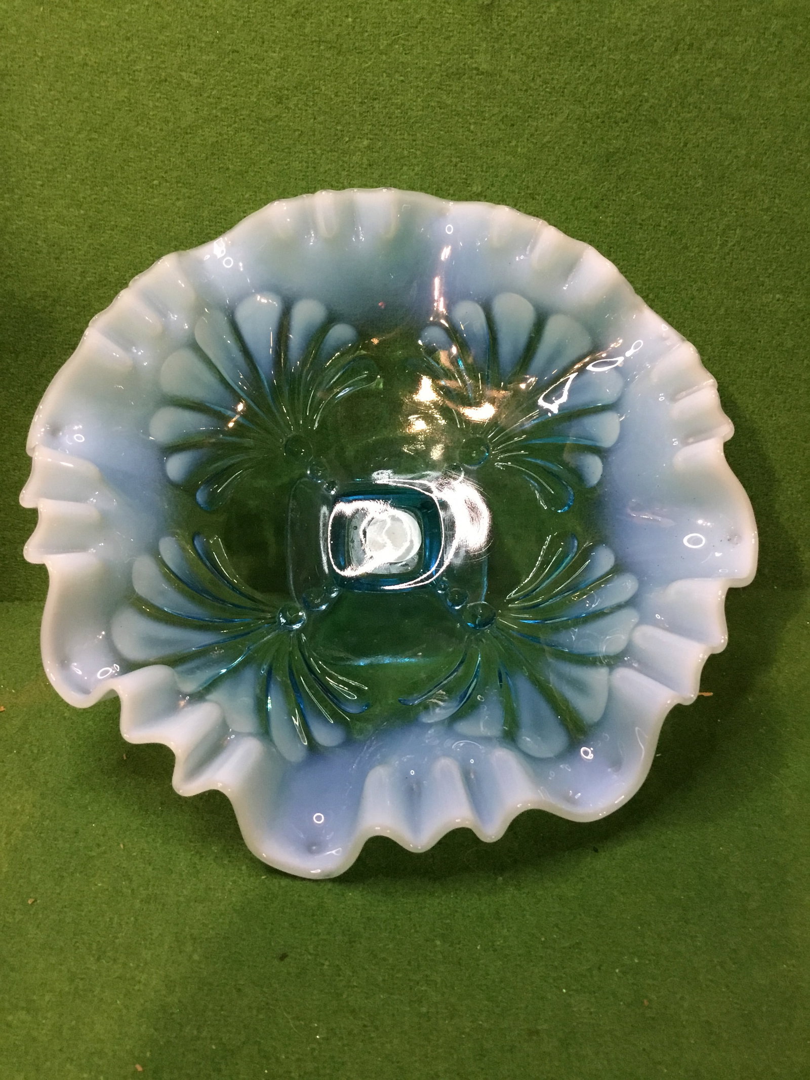 Jefferson Ruffled Blue Opalescent Glass Footed Bowl, Meander Pattern: Ruffled glass footed bowl with an opalescent finish in baby blue by Jefferson in the Meander pattern. In excellent condition with no visible chips or flaws. Sold as is.