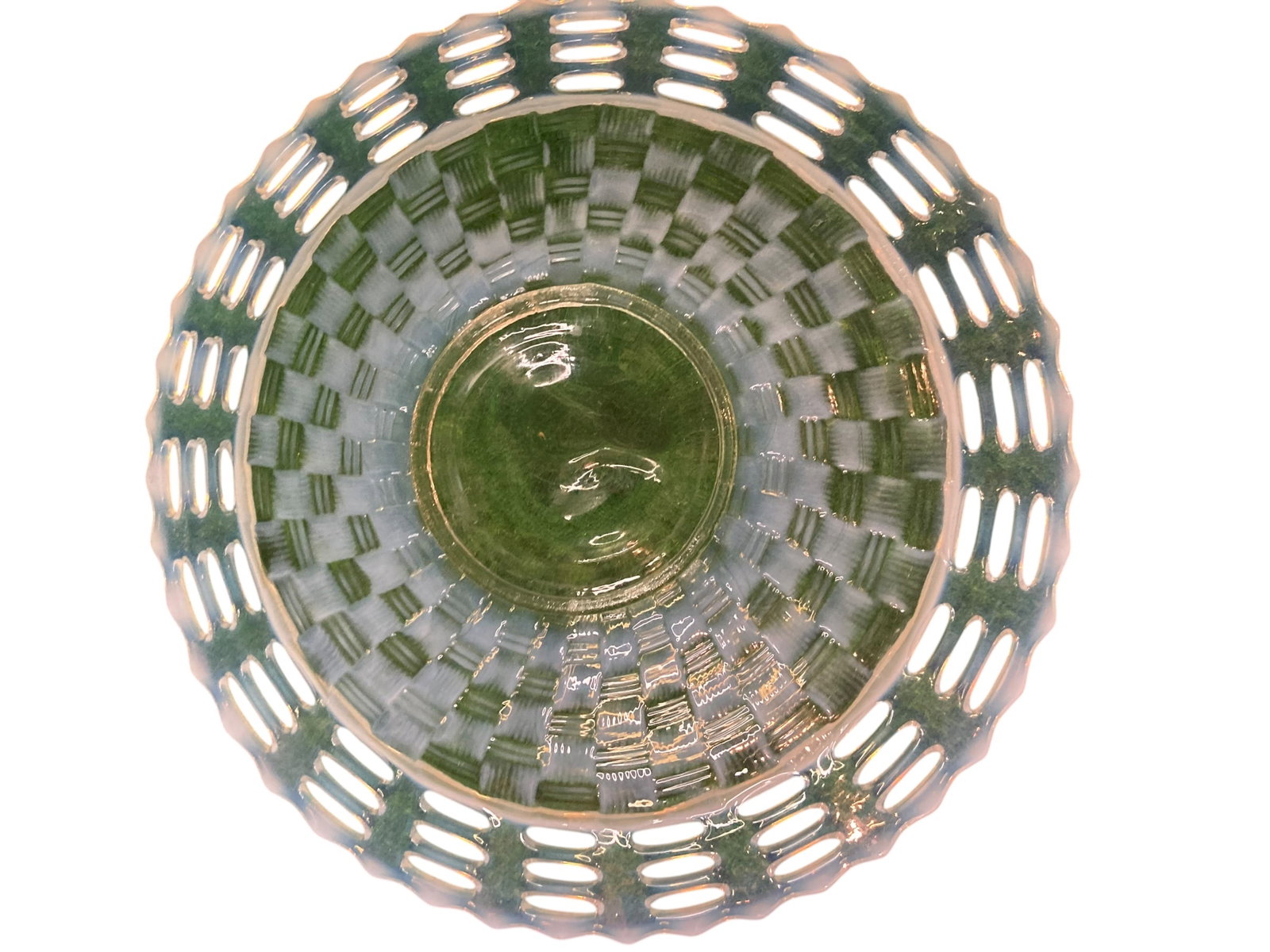 RARE 1933 Fenton Open Edge 3 ROW Chop Plate: Extremely rare pale blue chop plate from Fenton with 3 ROWS of open edge trim made to look like lace. The 3 rows are incredibly rare, giving this piece it's value. In excellent condition.