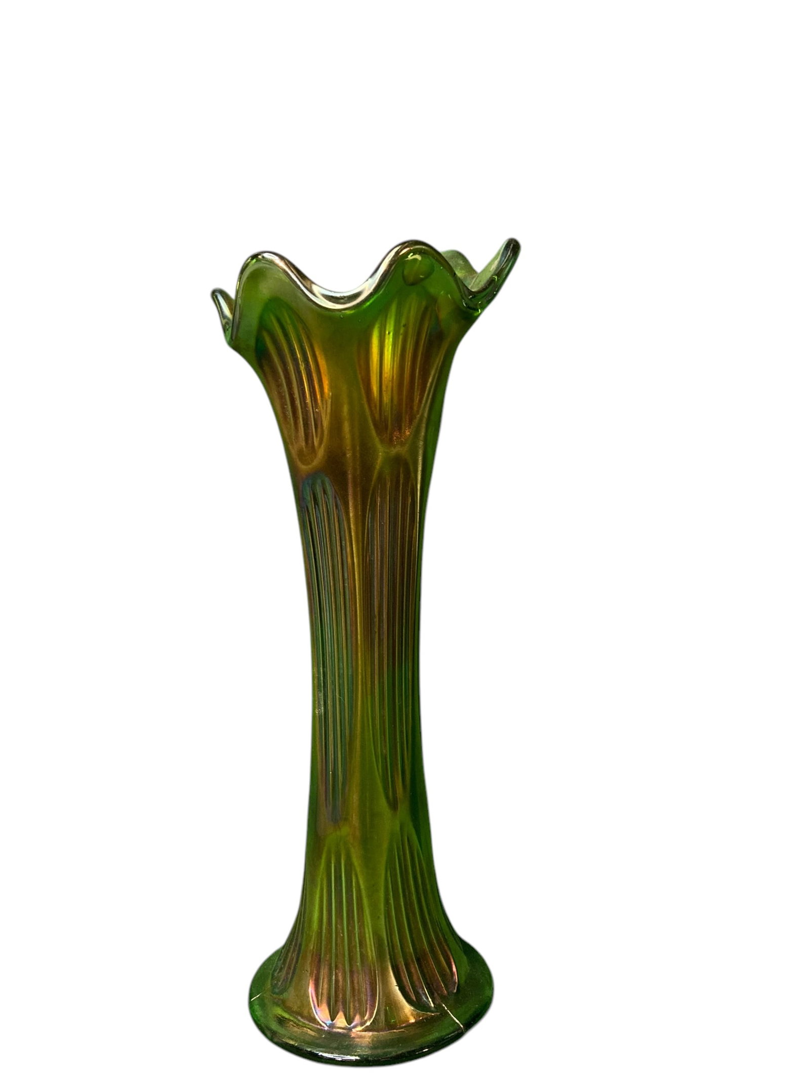 Fenton Carnival Glass Tall Fluted Diamond Rib Vase: Tall fluted vase with diamond rib detailing by Fenton. Color is very opalescent, appearing to be multicolored. In excellent condition with no damage.