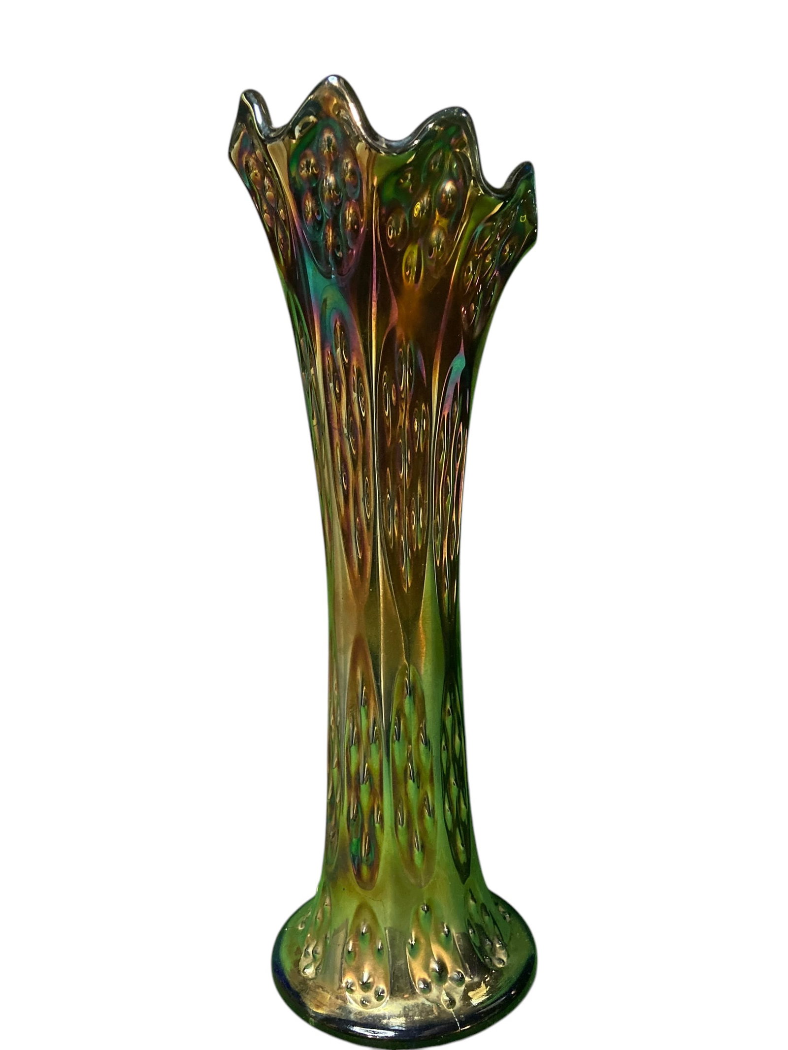 Fenton Carnival Glass Tall Fluted Knotted Beads Vase: Tall fluted vase with knotted bead detailing by Fenton. Color is very opalescent, appearing to be multicolored. In excellent condition with no damage.