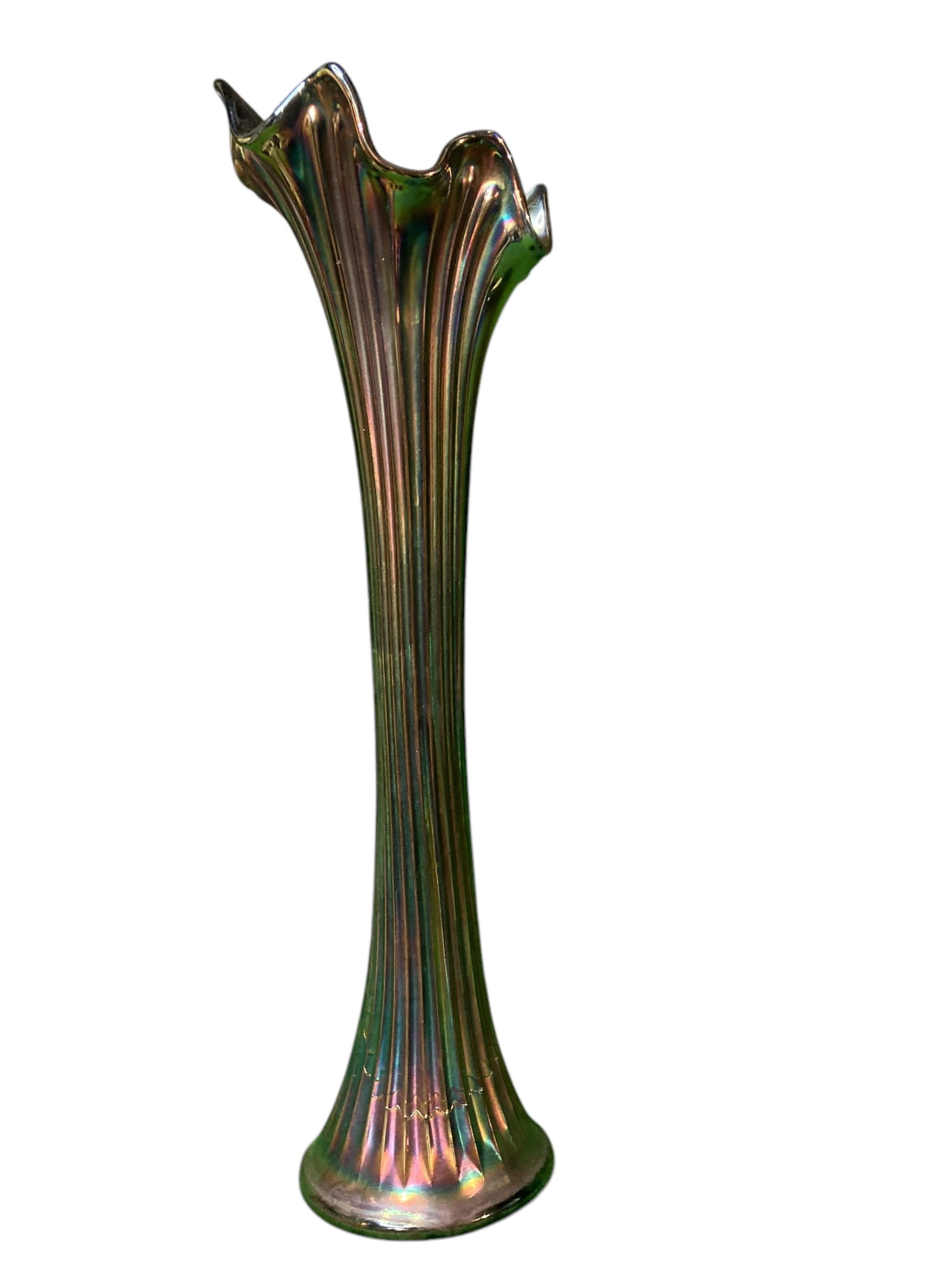 Fenton Carnival Glass Tall Fluted Diamond Rib Vase: Tall fluted vase with diamond rib detailing by Fenton. Color is very opalescent, appearing to be multicolored. In excellent condition with no damage.