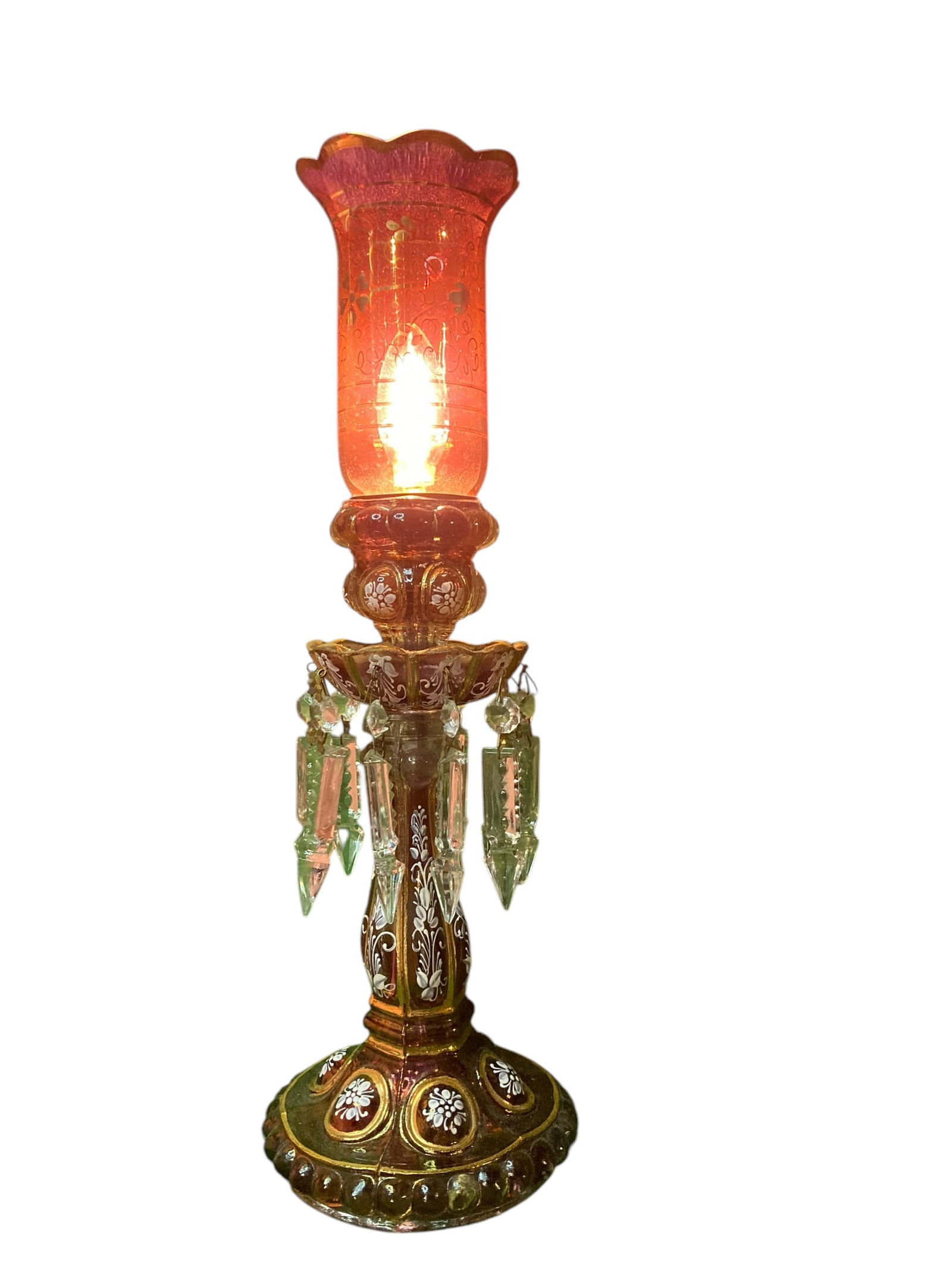 Cranberry Red Hand Etched Boudoir Lamp W/ Hurricane Shade (1 of 6)