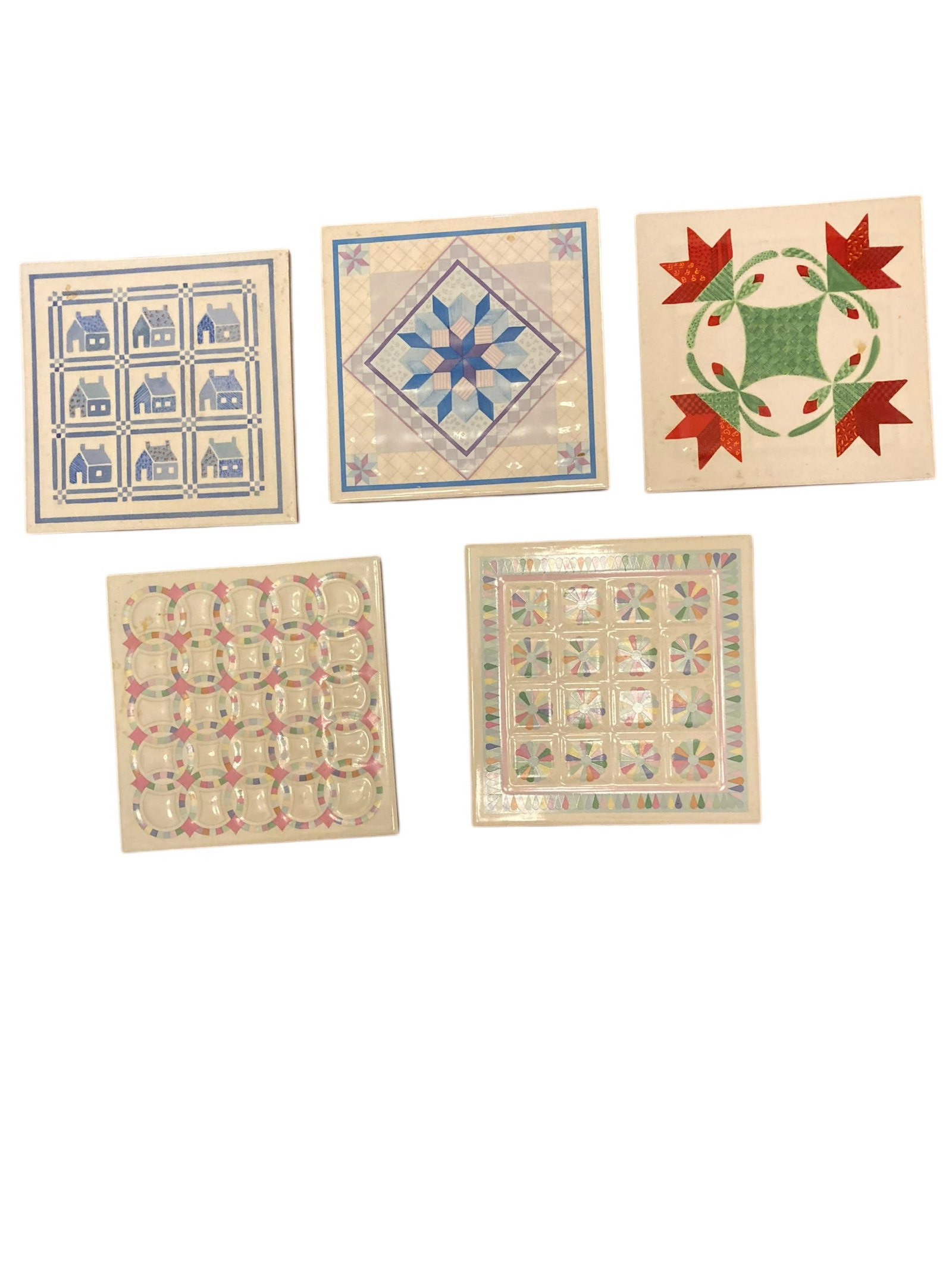 LOT OF 5 Hill Design Porcelain Quilt Trivets : 5 Hill Design porcelain trivets made to resemble quilt squares with classic American quilt patterns such as Schoolhouse and Double Wedding Ring. All are in good to great condition and have some slight