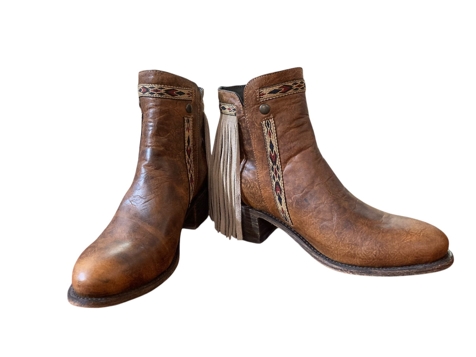 Corral Fringe Leather Boots SZ 9: Corral fringe leather boots with tribal pattern detailing along the zipper. Size 9, in great condition.