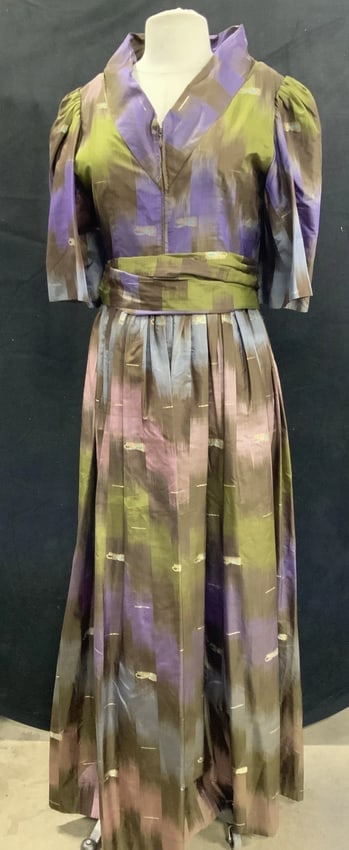 Handmade 1950s Era Silk Embroidered Pleated Dress with Belt (1 of 1)
