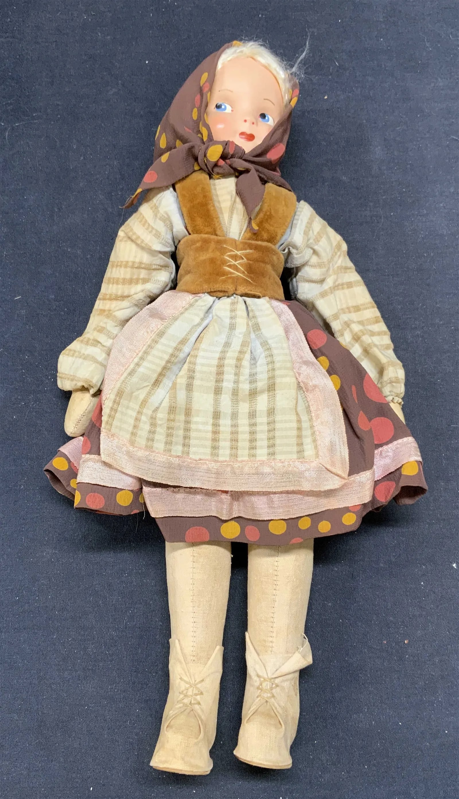 Vintage polish fashion doll: Vintage polish fashion doll in traditional style costume. Marked Poland on leg. Fabric and composite material. Measures approx. 14 inches long. Some wear to material consistent with exposure.