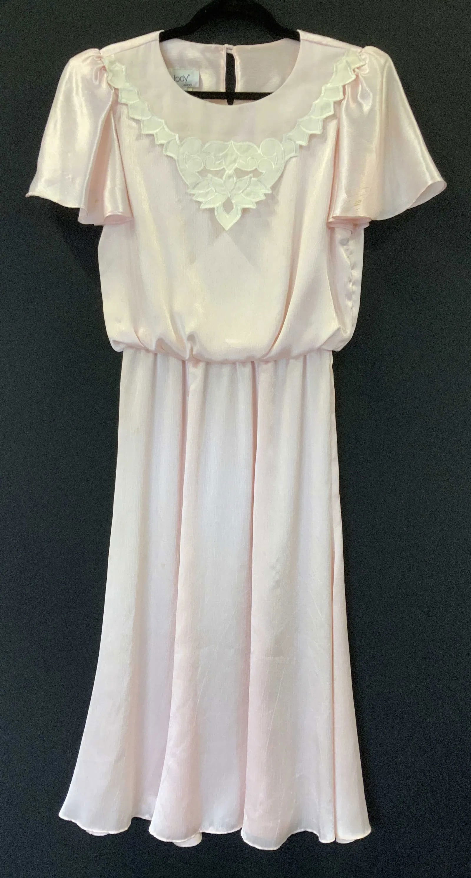 JODY Vintage 1980s Stretch Waist Pink Dress, USA: Vintage dress with short sleeves, stretch waist and over flap collar. 49 in. Long. Vintage size 9/10. Made in USA. Label Jody California. Light blemishes. Shiny polyester fabric. Pink short sleeve Dre