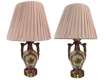 SET OF 2 Vintage Martha and George Washington 24k Gold Trimmed Lamps + Pleated Pink Lampshades