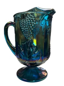 Indiana Carnival Glass Harvest Grape Footed Pitcher in Blue