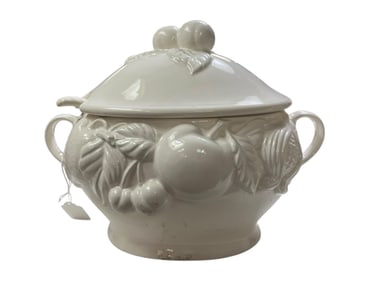 Vintage Over & Back White Ceramic Embossed Fruit Design Soup Tureen