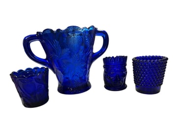 Mosser Cobalt Blue Large Spooner Inverted Strawberry Pattern + 3 Cobalt Blue Art Glass Toothpick