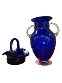 Hand Blown Cobalt Blue Art Glass Basket + Cobalt Blue Glass Vase with Clear Handles