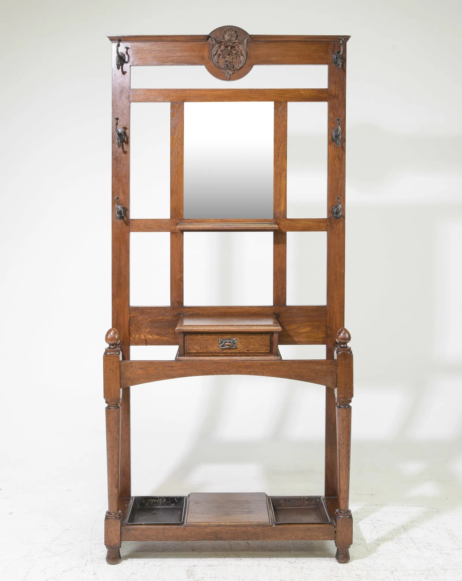 British Oak Mirror Back Hall Stand with Hooks c.1930's (1 of 6)