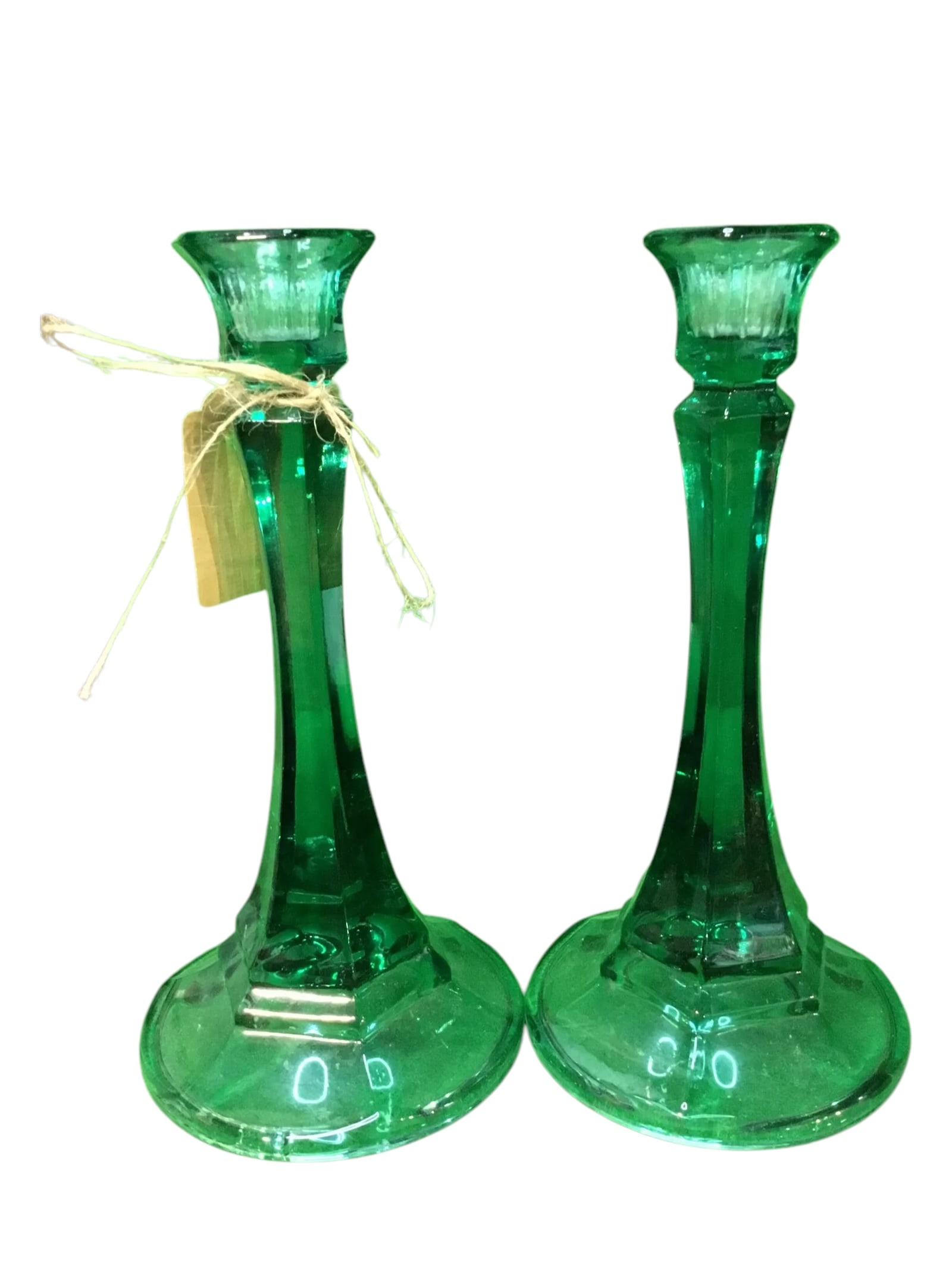 SET OF 2 Green Glass Candle Holders: Set of 2 beautiful jade green glass candle holders in great condition with little or no visible wear.