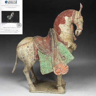 Chinese, Tang dynasty statuette of a horse with Thermoluminescence test (TL): ITEM: Statuette of a horse MATERIAL: Pottery CULTURE: Chinese, Northern Wei Dynasty PERIOD: 386 – 535 A.D DIMENSIONS: 404 mm x 350 mm x 230 mm CONDITION: Good condition. Includes Thermoluminesc