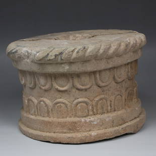 Roman capital with egg and dart pattern: ITEM: Capital with egg and dart pattern MATERIAL: Marble CULTURE: Roman PERIOD: 3rd - 5th Century A.D DIMENSIONS: 115 mm x 187 mm diameter CONDITION: Good condition PROVENANCE: Ex Eng