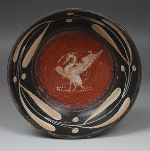 Greek bowl depicting a swan: ITEM: Bowl depicting a swan MATERIAL: Pottery CULTURE: Greek, South Italian colonies PERIOD: 4th Century B.C DIMENSIONS: 65 mm x 161 mm diameter CONDITION: Good condition PROVENANCE: