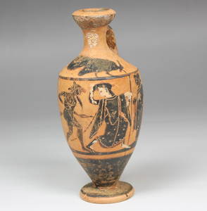 Greek lekythos, Cock Group, depicting a mincing satyr and maenad between two draped youths