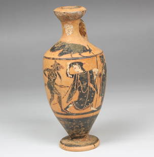 Greek lekythos, Cock Group, depicting a mincing satyr and maenad between two draped youths: ITEM: Lekythos, Cock Group, depicting mincing satyr and maenad between two draped youths MATERIAL: Pottery CULTURE: Greek PERIOD: 510 - 500 B.C DIMENSIONS: 130 mm x 58 mm diameter CONDITION: Good