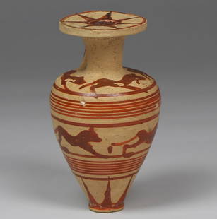 Greek, Proto-Corinthian piriform aryballos depicting running dogs: ITEM: Piriform aryballos depicting running dogs MATERIAL: Pottery CULTURE: Greek, Proto-Corinthian PERIOD: 675 - 650 B.C DIMENSIONS: 67 mm x 40 mm diameter CONDITION: Good condition PROVE