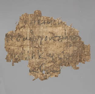 Egyptian papyrus fragment with demotic script: ITEM: Papyrus fragment with demotic script MATERIAL: Papyrus CULTURE: Egyptian PERIOD: 3rd - 4th Century A.D DIMENSIONS: 40 mm x 55 mm (without stand), 230 mm x 91 mm (with stand) CONDITION: Good