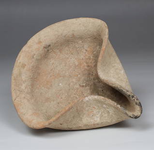 Bronze Age oil lamp, Type Kennedy 1, Group C: ITEM: Oil lamp, Type Kennedy 1, Group C MATERIAL: Pottery CULTURE: Bronze Age PERIOD: 1400 - 1200 B.C DIMENSIONS: 50 mm x 130 mm x 134 mm CONDITION: Good condition PROVENANCE: Ex Germ