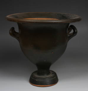 Greek bell krater: ITEM: Bell krater MATERIAL: Pottery CULTURE: Greek PERIOD: 4th Century B.C DIMENSIONS: 185 mm x 200 mm diameter CONDITION: Good condition, repaired PROVENANCE: Ex Dutch private collection, acquired