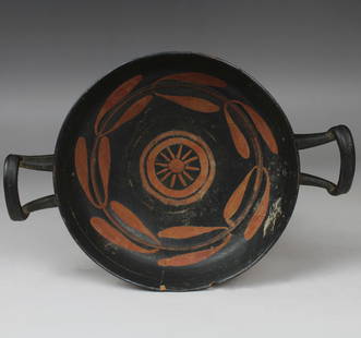 Greek kylix: ITEM: Kylix MATERIAL: Pottery, Xenon Ware CULTURE: Greek, South Italian PERIOD: 4th Century B.C DIMENSIONS: 40 mm x 190 mm x 132 mm CONDITION: Good condition, repaired PROVENANCE: Ex Swiss private