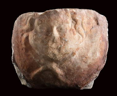Roman fragment of cuirass (Lorica musculata) with Gorgon: ITEM: Fragment of cuirass (Lorica musculata) with Gorgon MATERIAL: Marble CULTURE: Roman PERIOD: 1st - 3rd Century A.D DIMENSIONS: 110 mm x 130 mm x 83 mm CONDITION: Good condition PROVENANCE: Ex