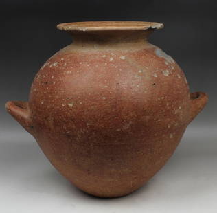Etruscan globular two-handled olla: ITEM: Globular two-handled olla MATERIAL: Pottery CULTURE: Etruscan PERIOD: 7th Century B.C DIMENSIONS: 340 mm x 400 mm x 310 mm CONDITION: Good condition PROVENANCE: Ex German private collection,