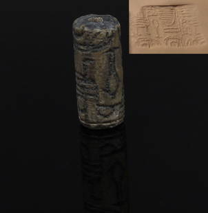 Egyptian cylinder seal fragment, Ex MUSEUM: ITEM: Cylinder seal fragment MATERIAL: Stone CULTURE: Egyptian PERIOD: Middle Kingdom, 1850 B.C DIMENSIONS: 17 mm x 7 mm CONDITION: Good condition PROVENANCE: Ex Museum Exhibiton of the Arbeitsgruppe