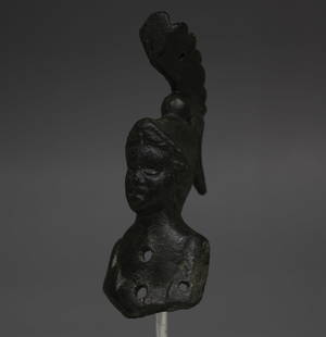 Roman bust of Minerva: ITEM: Bust of Minerva MATERIAL: Bronze CULTURE: Roman PERIOD: 1st - 2nd Century A.D DIMENSIONS: 85 mm x 38 mm x 37 mm CONDITION: Good condition PROVENANCE: Ex Spanish private collection, bought in