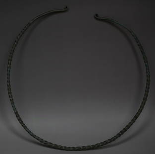 Bronze Age, Urnfield twisted torque: ITEM: Twisted Torque MATERIAL: Bronze CULTURE: Bronze Age, Europe, Urnfield PERIOD: 12th - 10th Century B.C DIMENSIONS: 275 mm diameter CONDITION: Good condition PROVENANCE: Ex German auction house