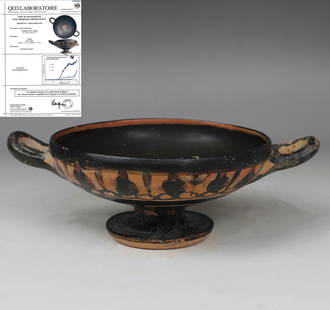 Greek kylix with Thermoluminescence test (TL): ITEM: Kylix MATERIAL: Pottery CULTURE: Greek PERIOD: 4th Century B.C DIMENSIONS: 55 mm x 162 mm x 112 mm CONDITION: Good condition, repaired. Includes Thermoluminescence test by QED Laboratoire