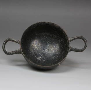 Greek skyphos: ITEM: Skyphos MATERIAL: Pottery CULTURE: Greek PERIOD: 4th Century B.C DIMENSIONS: 46 mm x 153 mm CONDITION: Good condition. PROVENANCE: Ex Swiss private collection, acquired since at least 1970s 