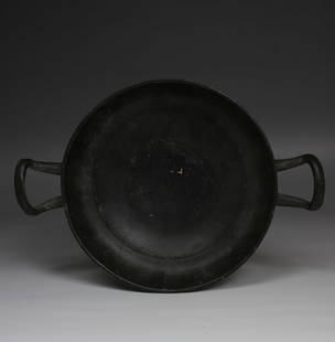 Greek kylix: ITEM: Kylix MATERIAL: Pottery CULTURE: Greek PERIOD: 4th Century B.C DIMENSIONS: 55 mm x 215 mm x 150 mm CONDITION: Good condition PROVENANCE: Ex Dutch private collection, acquired in the 1970s 