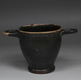 Greek skyphos: ITEM: Skyphos MATERIAL: Pottery CULTURE: Greek PERIOD: 4th Century B.C DIMENSIONS: 75 mm x 123 mm x 77 mmCONDITION: Good condition PROVENANCE: Ex Dutch private collection, acquired before 1970s 