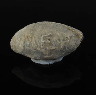 Greek sling bullet with inscription 'NA / MER': ITEM: Sling bullet with inscription 'NA / MER' MATERIAL: Lead CULTURE: Greek PERIOD: 4th Century B.C DIMENSIONS: 14 mm x 28 mm CONDITION: Good condition PROVENANCE: Ex Englis private collection,