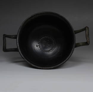 Greek kylix with floral decoration: ITEM: Kylix with floral decoration MATERIAL: Pottery CULTURE: Greek PERIOD: 4th Century B.C DIMENSIONS: 65 mm x 190 mm x 130 mm CONDITION: Good condition, repaired PROVENANCE: Ex Ex French private