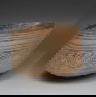 Indus Valley vessel with decoration: ITEM: Vessel with decoration MATERIAL: Pottery CULTURE: Indus Valley PERIOD: 2nd millenium B.C DIMENSIONS: 90 mm x 127 mm diameter CONDITION: Good condition, repaired PROVENANCE: Ex English private