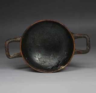 Greek skyphos: ITEM: Skyphos MATERIAL: Pottery CULTURE: Greek PERIOD: 4th Century B.C DIMENSIONS: 48 mm x 160 mm x 103 mm CONDITION: Good condition PROVENANCE: Ex German private collection, P.A., Munich, acquired