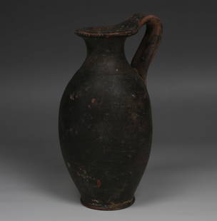 Greek olpe: ITEM: Olpe MATERIAL: Pottery CULTURE: Greek PERIOD: 4th Century B.C DIMENSIONS: 150 mm x 75 mm CONDITION: Good condition PROVENANCE: Ex French private collection, J.H.E. Demangeon, 1904 - 1992,