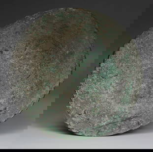 Iron Age, Neo-Assyrian bowl: ITEM: Bowl MATERIAL: Bronze CULTURE: Iron Age, Neo-Assyrian PERIOD: 9th - 7th Century B.C DIMENSIONS: 55 mm x 170 mm diameter CONDITION: Good condition, hole and cracks but stable, see pictures