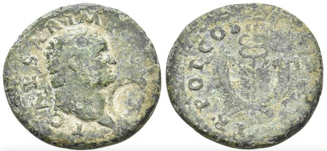 Roman, Dupondius, Titus, 79 - 81 A.D: RULER: Titus DATE: 79 - 81 A.D DENOMINATION: Dupondius MATERIAL: Bronze SIZE & WEIGHT: 28,60 mm, 13,03 gr OBVERSE: T•CAESAR•IMP•PONT, laureate head right REVERSE: TR•POT•COS